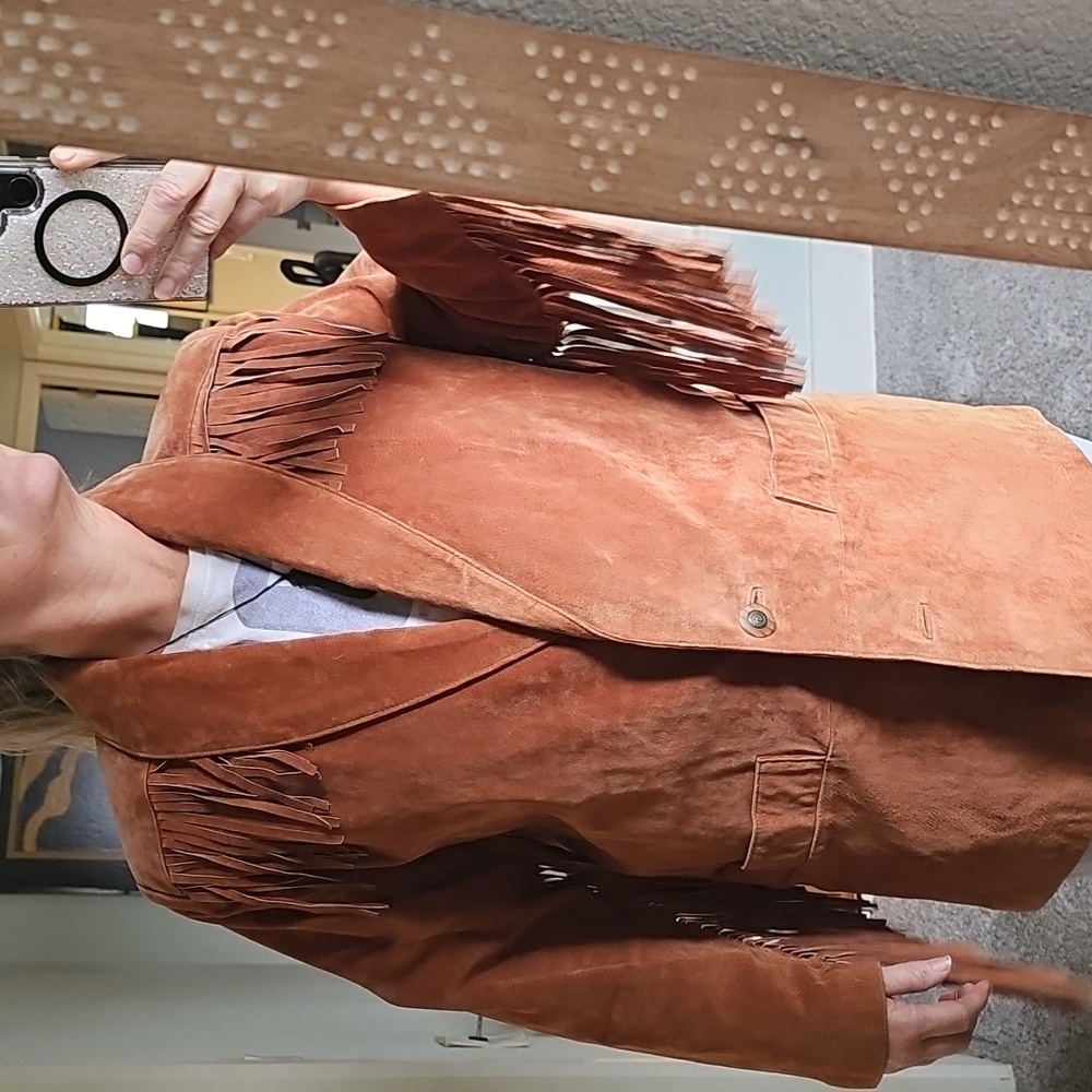 AWESOME Roaman's Tan Leather Suede Jacket with Fringe